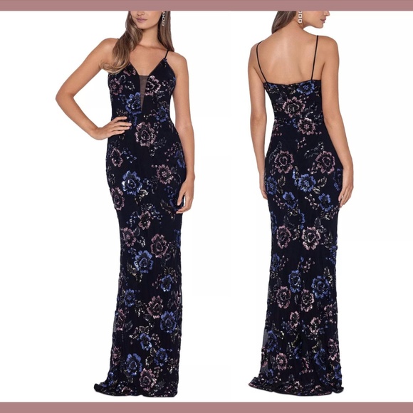 NWT $330 Betsy & Adam [ 10 ] Mesh V‎ Neck Floral Sequin Gown in Black #G1227 - Picture 1 of 14